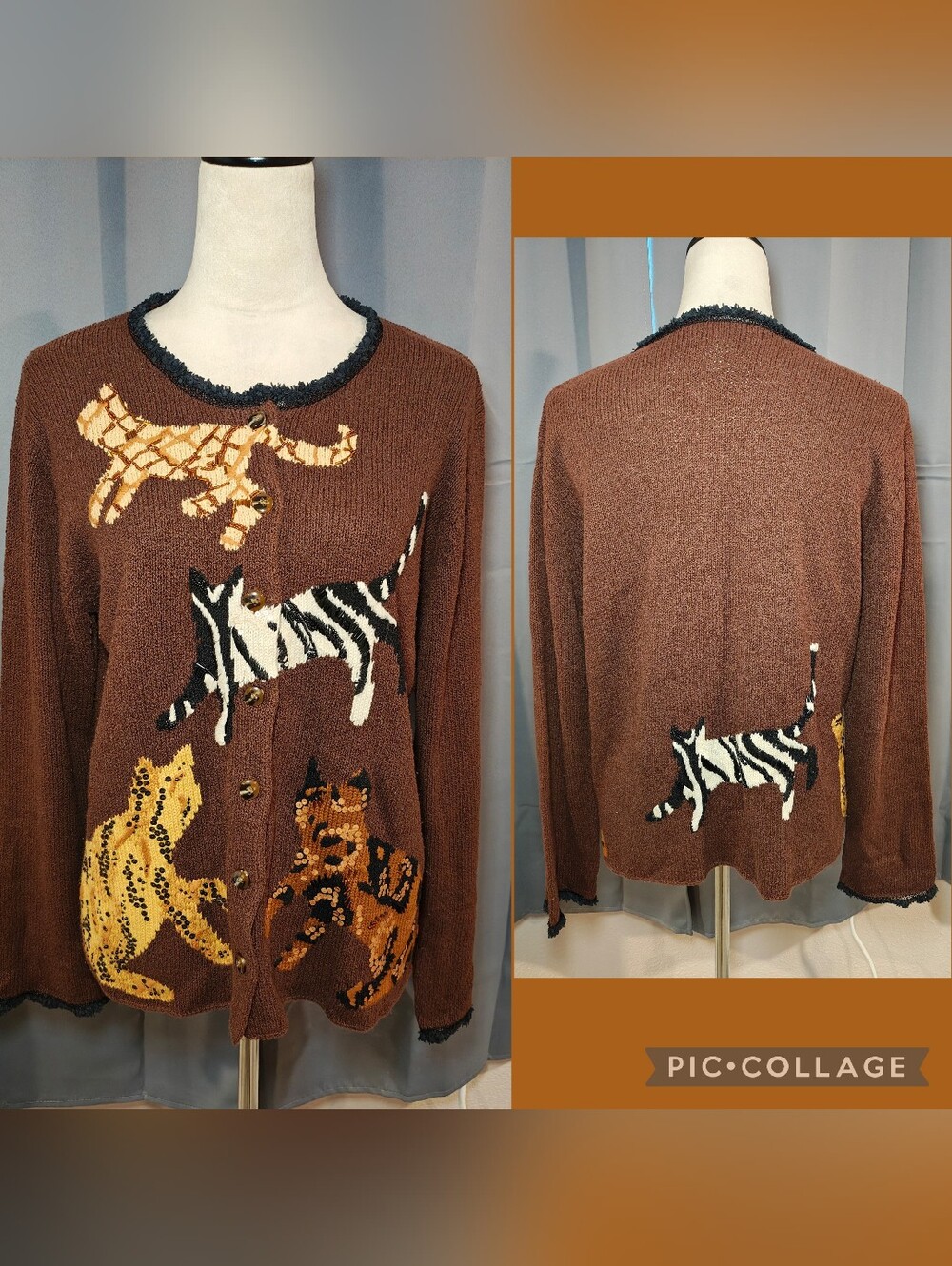Vintage Susan Bristol Hand Embroidered Cat Embellished Cardigan Sweater.